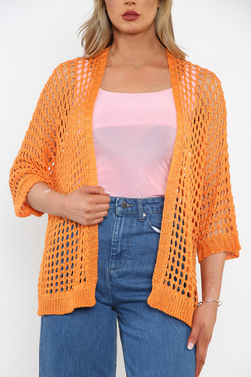 Ladies Fishnet Style Cardigan Orange