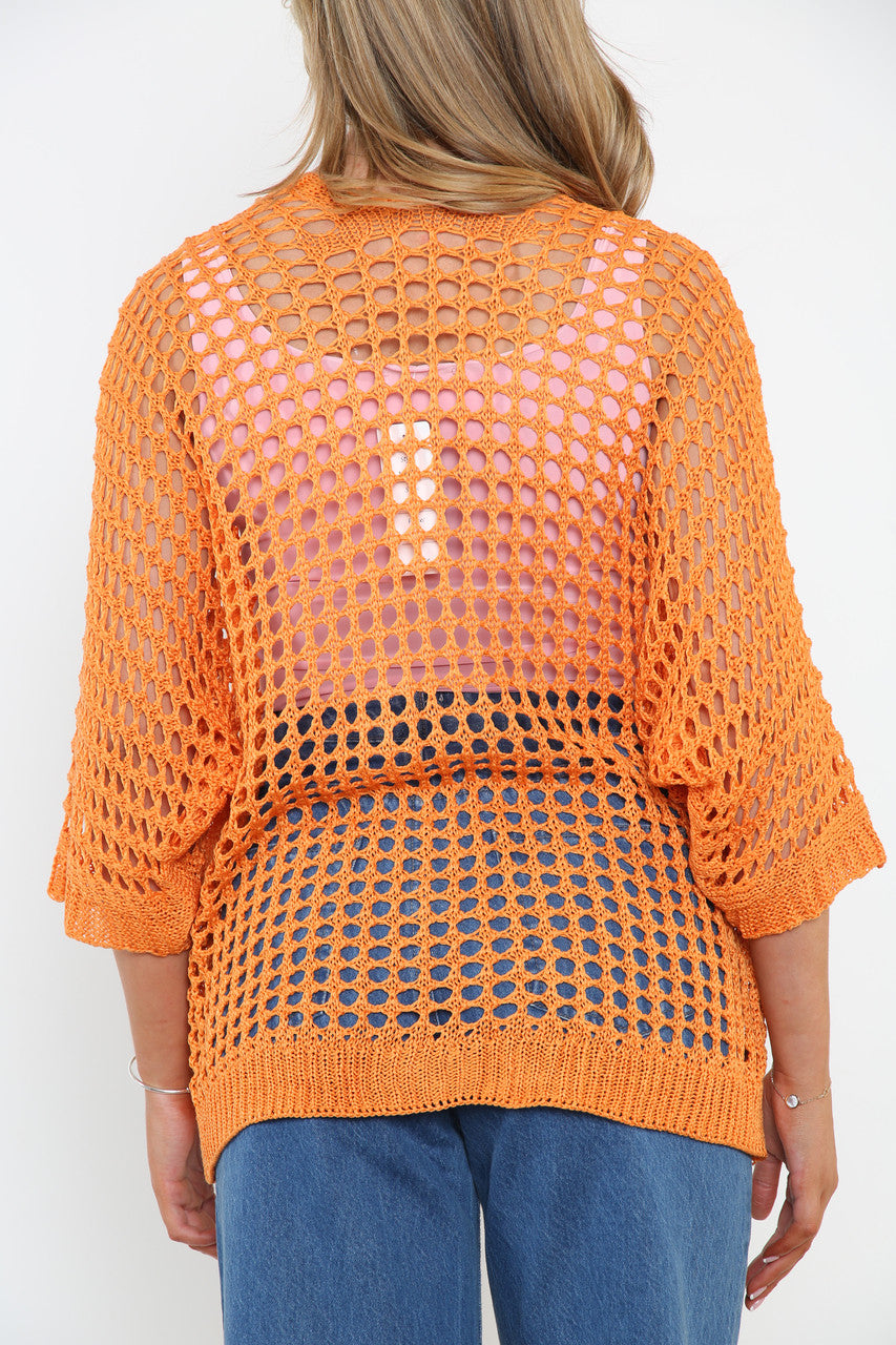 Ladies Fishnet Style Cardigan Orange