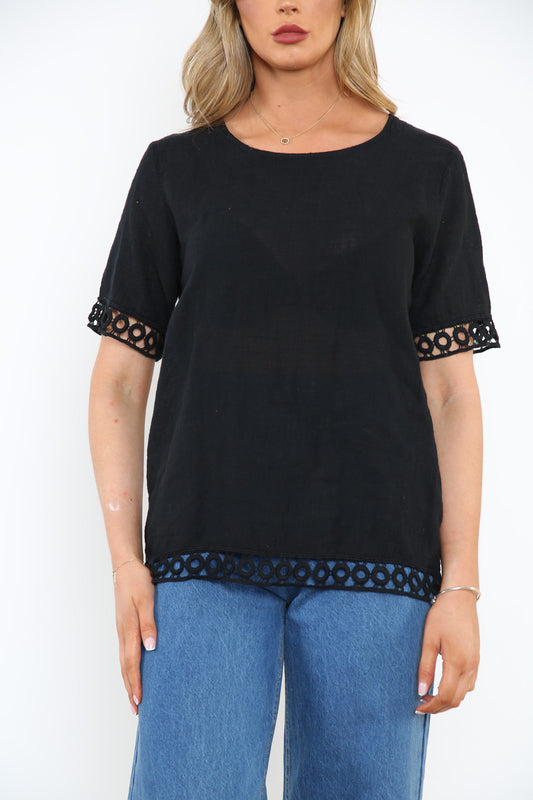Ladies Crochet Hem Detail Top Black