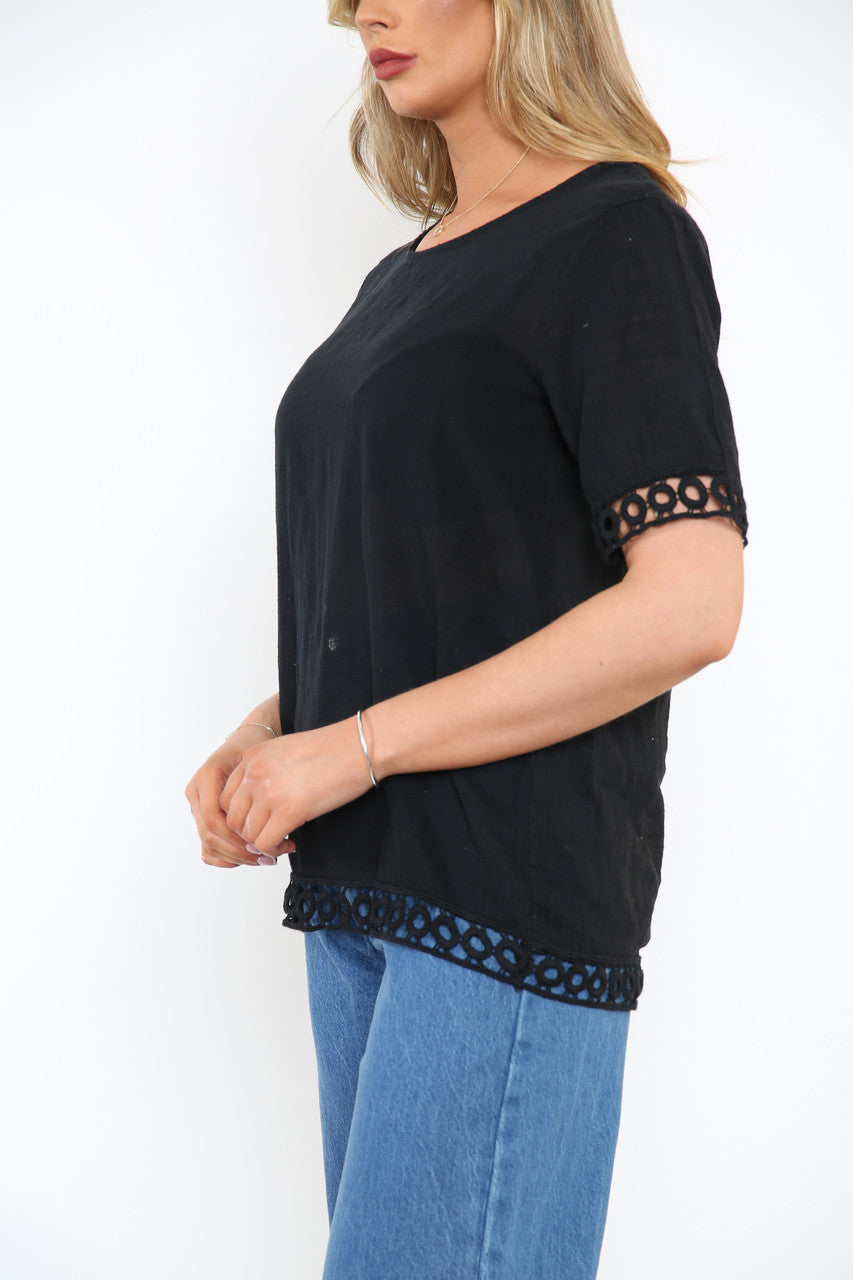 Ladies Crochet Hem Detail Top Black
