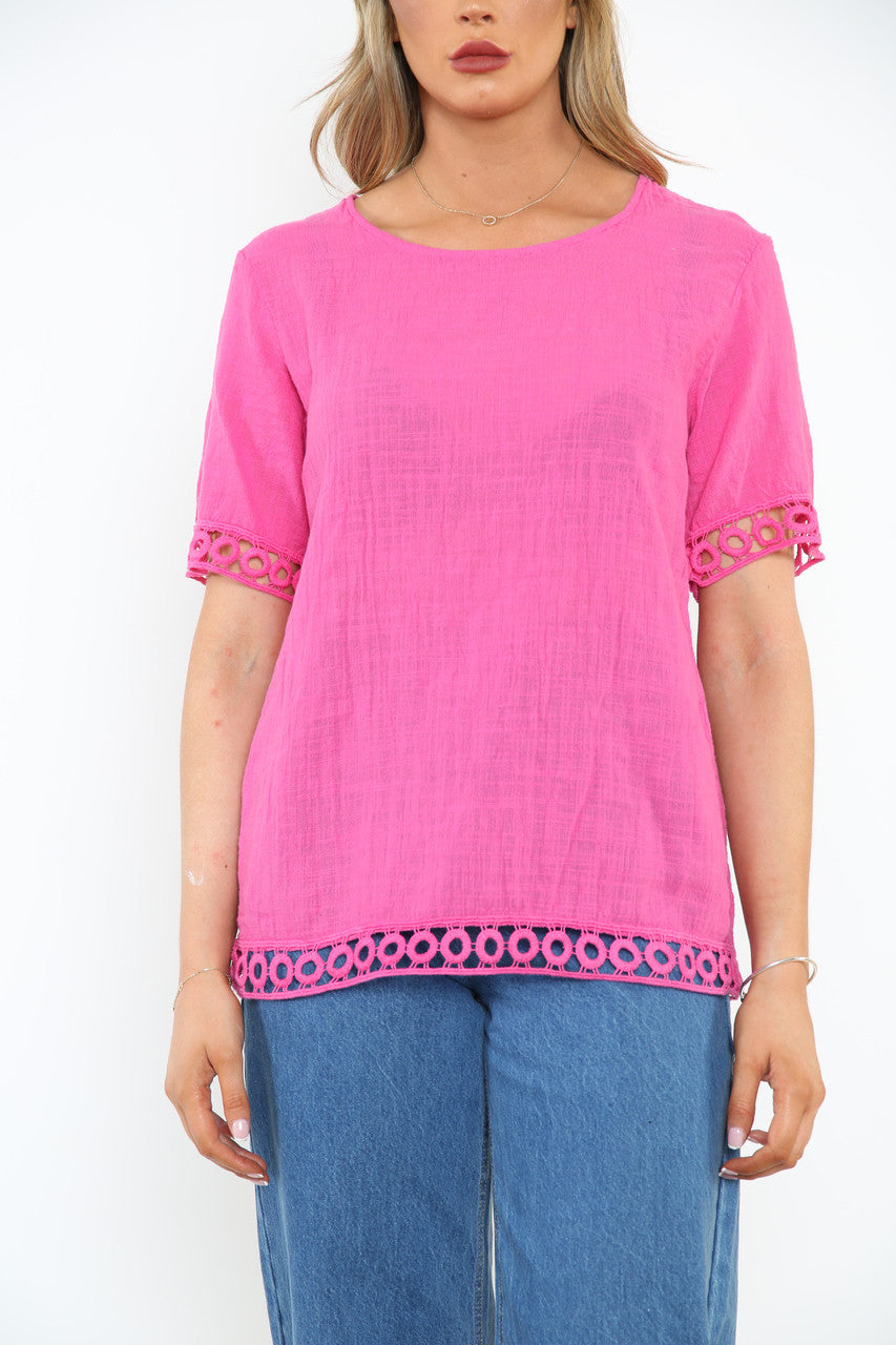 Ladies Crochet Hem Detail Top Cerise
