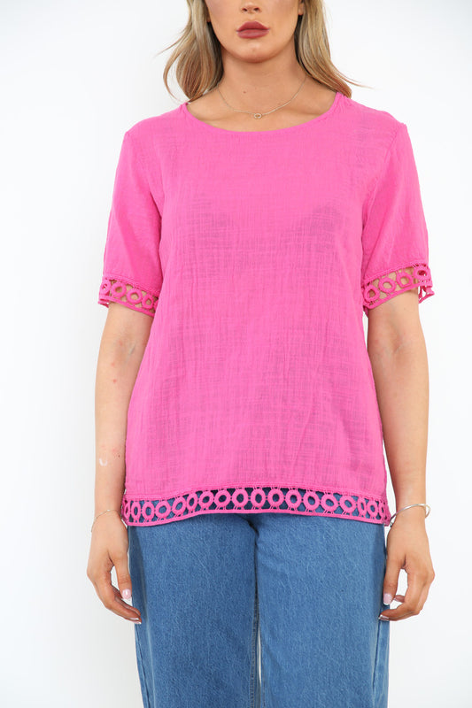Ladies Crochet Hem Detail Top Cerise