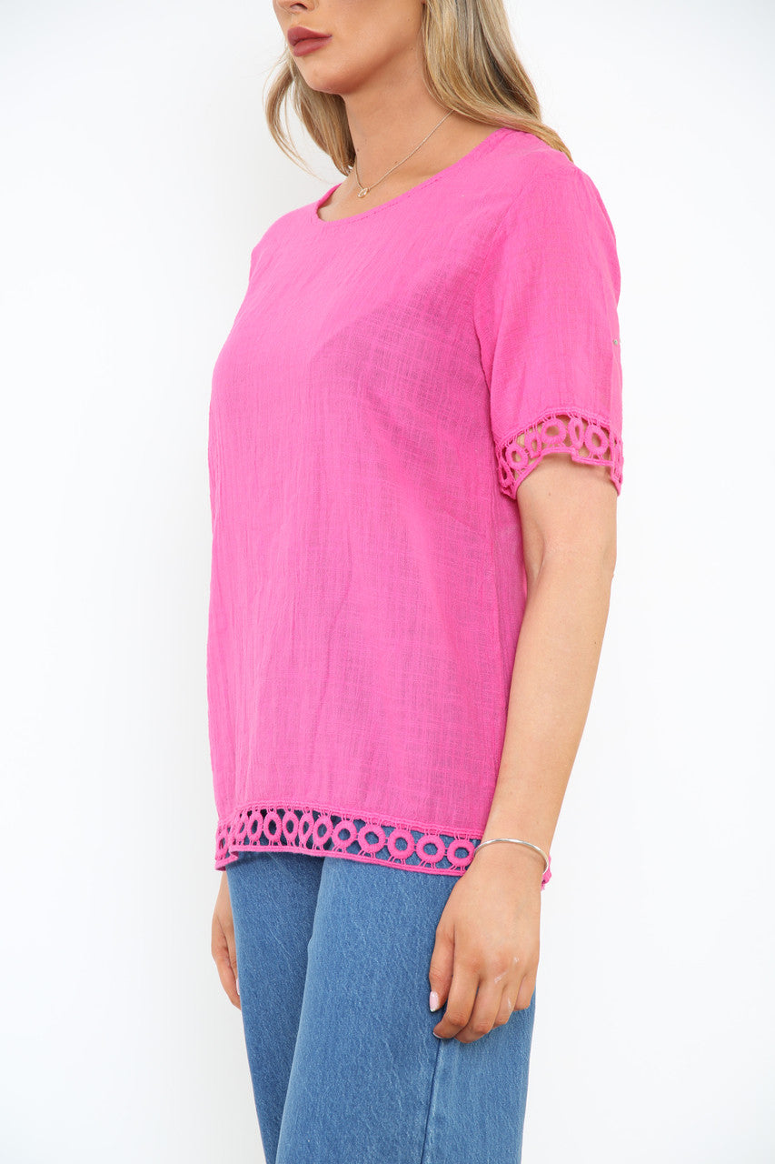 Ladies Crochet Hem Detail Top Cerise