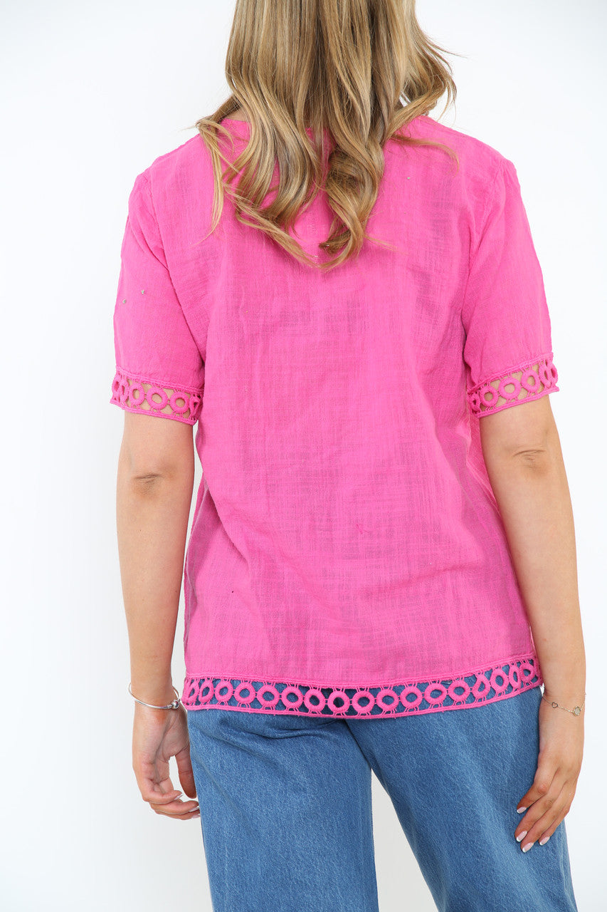 Ladies Crochet Hem Detail Top Cerise