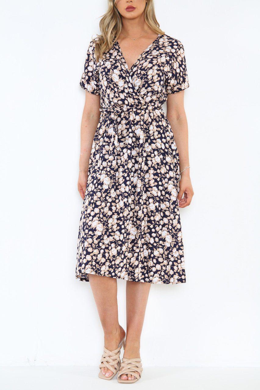 Dames Wikkeljurk met Elastische Taille en Abstracte Bloemenprint Marineblauw