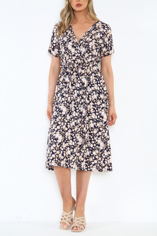 Dames Wikkeljurk met Elastische Taille en Abstracte Bloemenprint Marineblauw