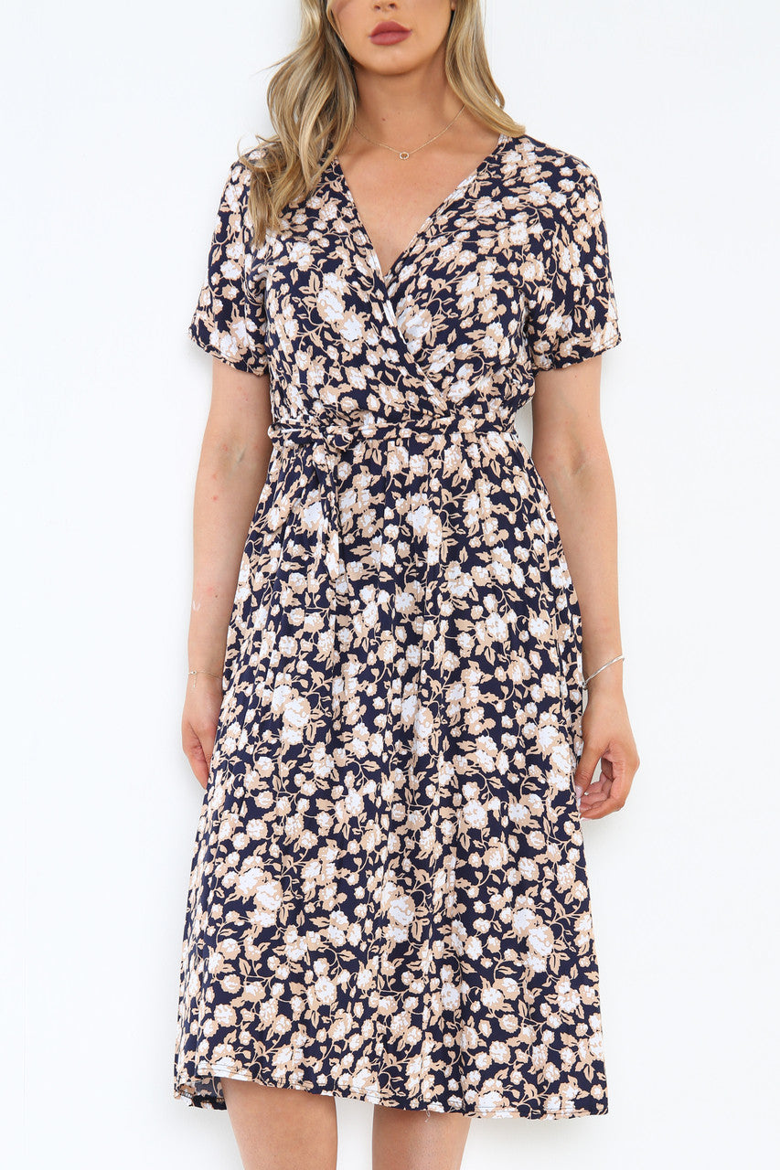 Dames Wikkeljurk met Elastische Taille en Abstracte Bloemenprint Marineblauw