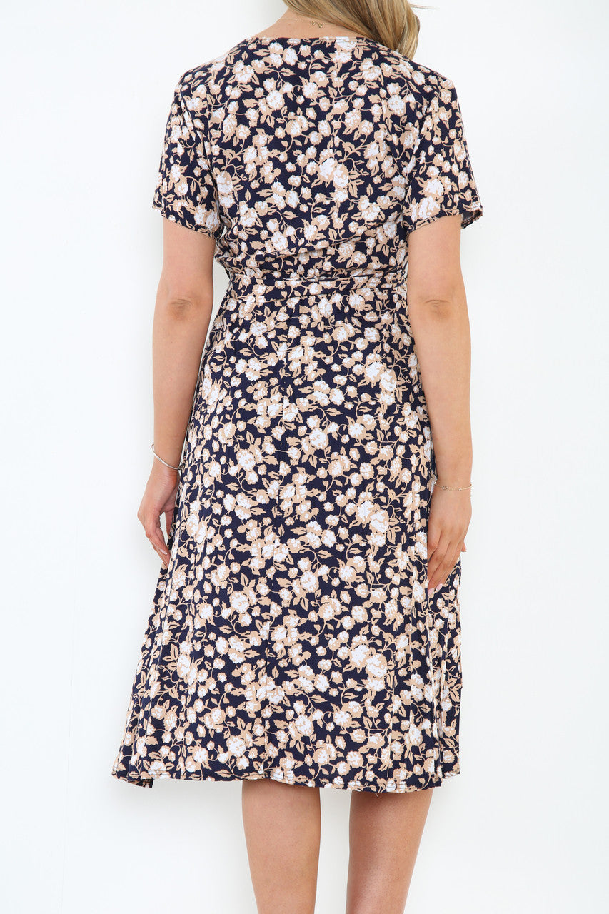 Dames Wikkeljurk met Elastische Taille en Abstracte Bloemenprint Marineblauw