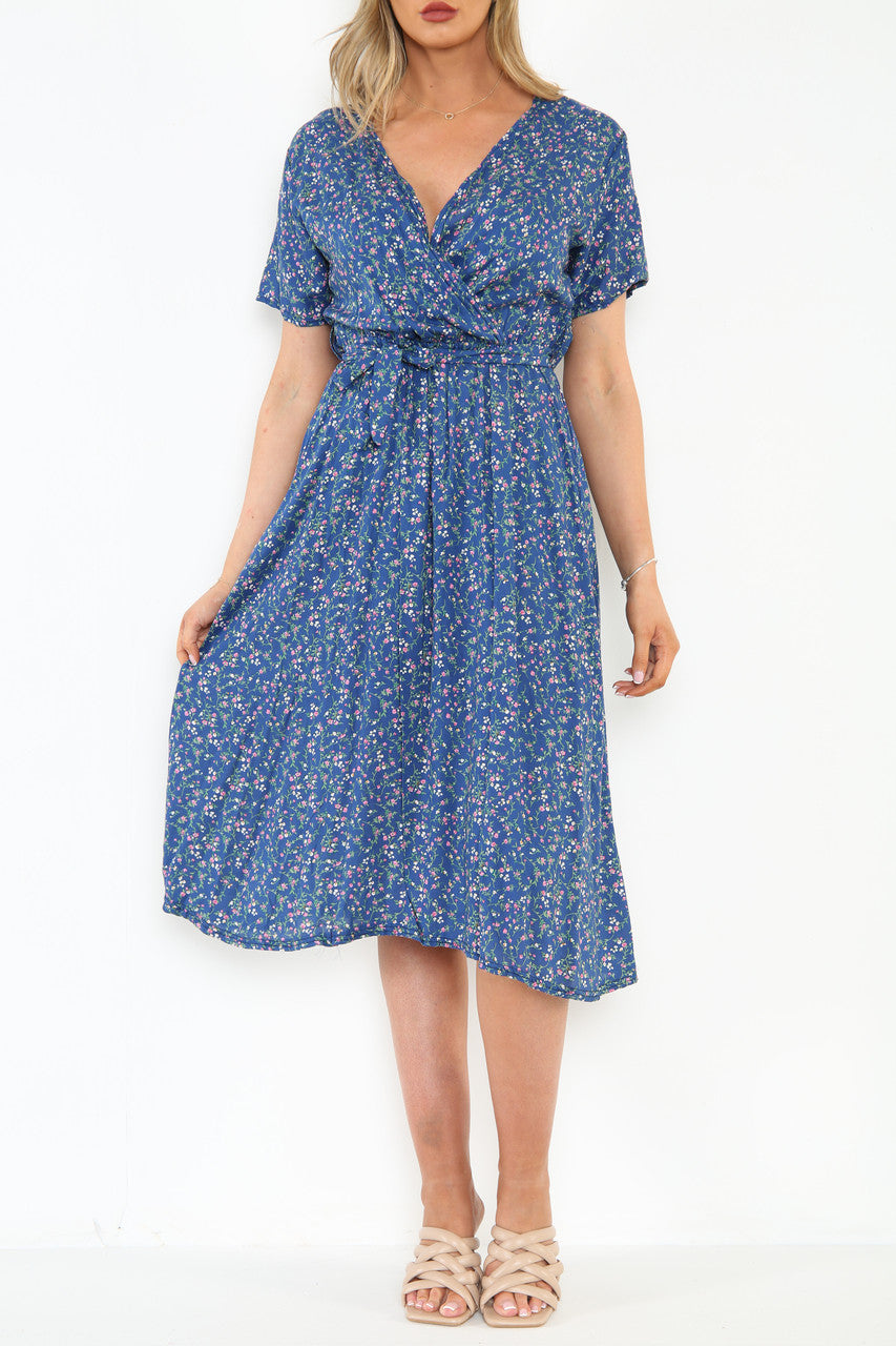 Ladies Elasticated Waist Wrap Style Ditsy Floral Print Dress Denim