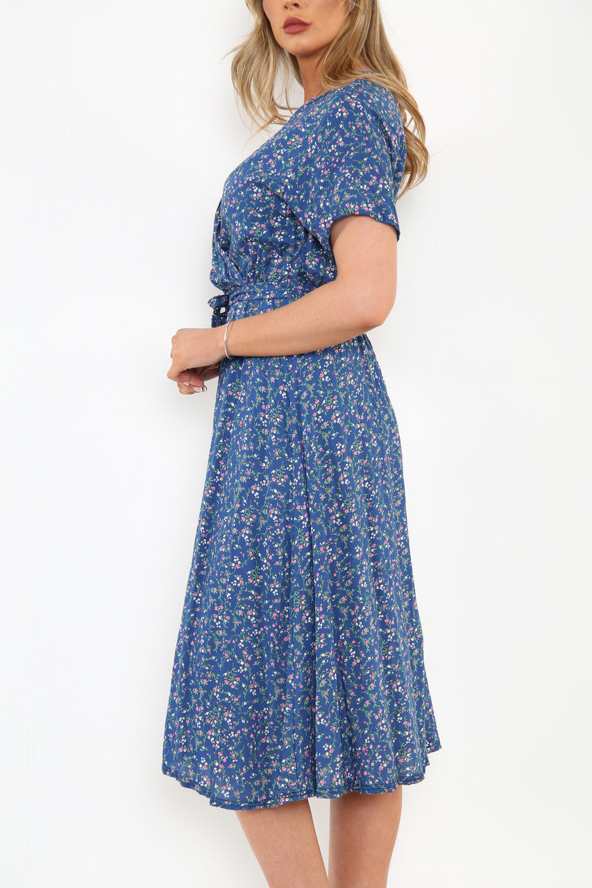 Ladies Elasticated Waist Wrap Style Ditsy Floral Print Dress Denim