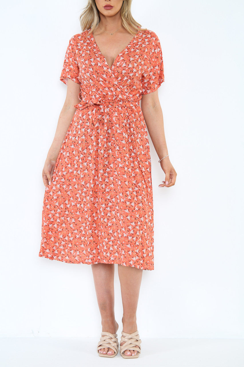 Dames elastische taille wikkeljurk met bloemenprint zalmkleurig