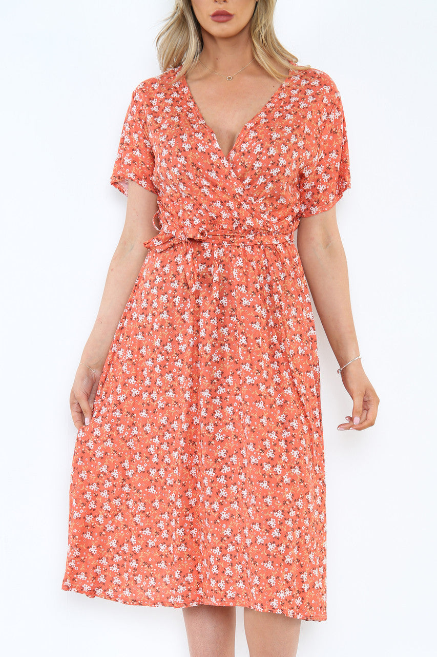Dames elastische taille wikkeljurk met bloemenprint zalmkleurig