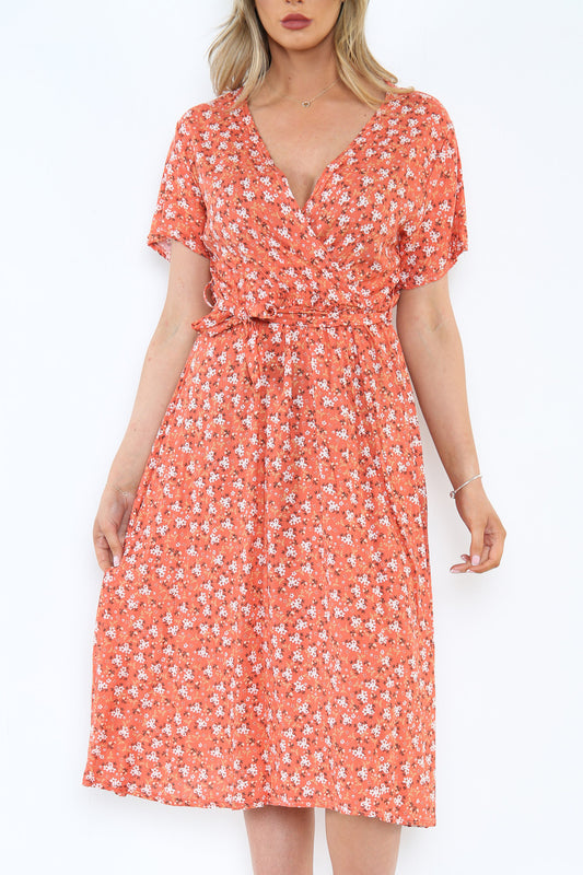 Dames elastische taille wikkeljurk met bloemenprint zalmkleurig