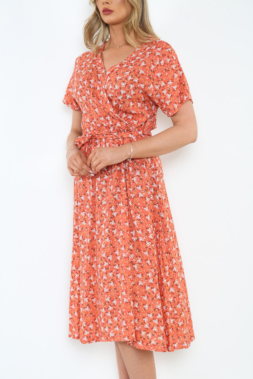 Dames elastische taille wikkeljurk met bloemenprint zalmkleurig