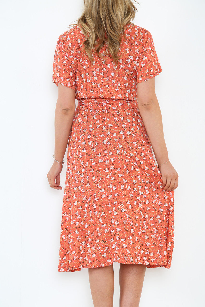 Dames elastische taille wikkeljurk met bloemenprint zalmkleurig