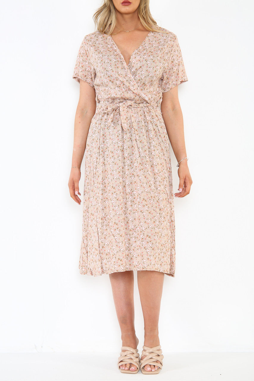 Ladies Elasticated Waist Wrap Style Ditsy Flower Print Dress Stone