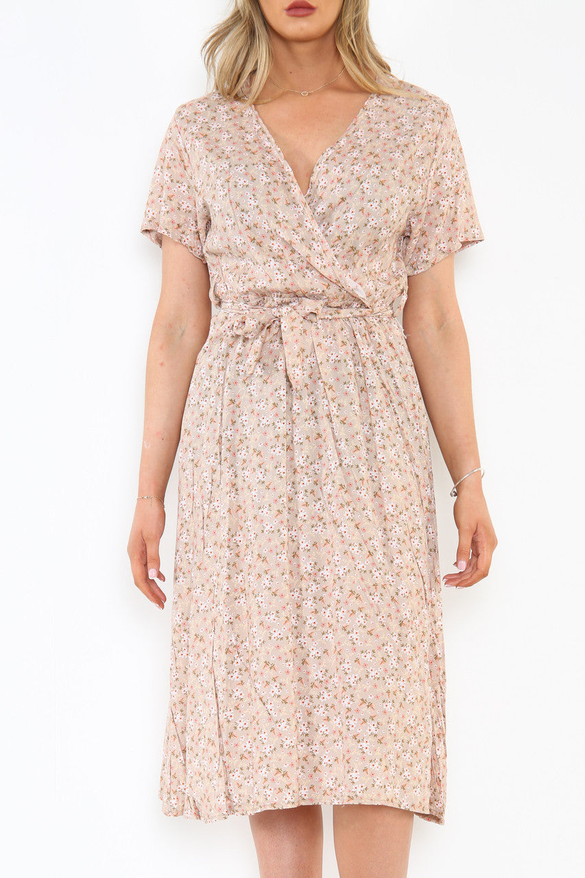 Ladies Elasticated Waist Wrap Style Ditsy Flower Print Dress Stone