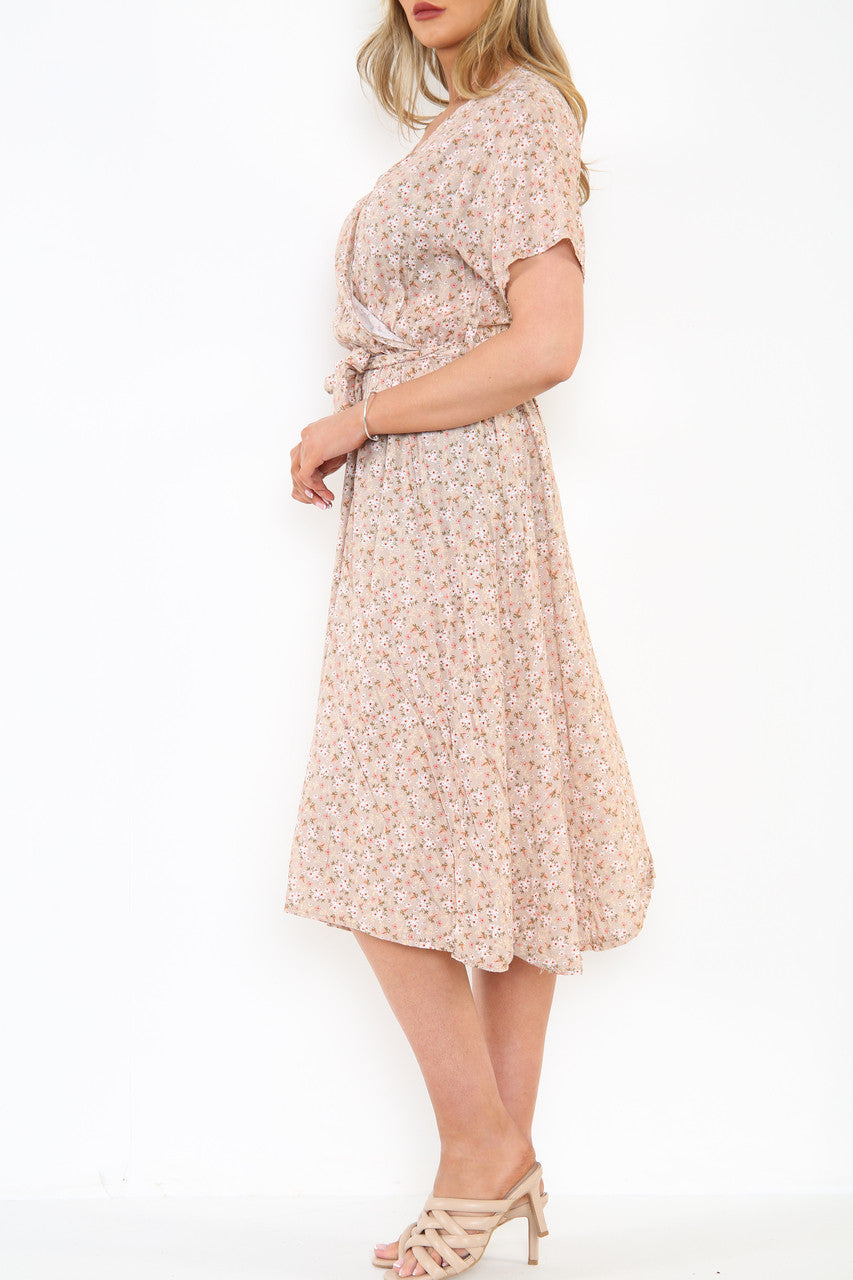 Ladies Elasticated Waist Wrap Style Ditsy Flower Print Dress Stone