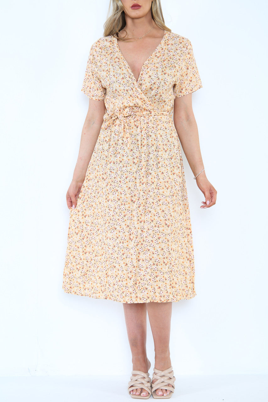Ladies Elasticated Waist Wrap Style Ditsy Flower Print Dress Lemon