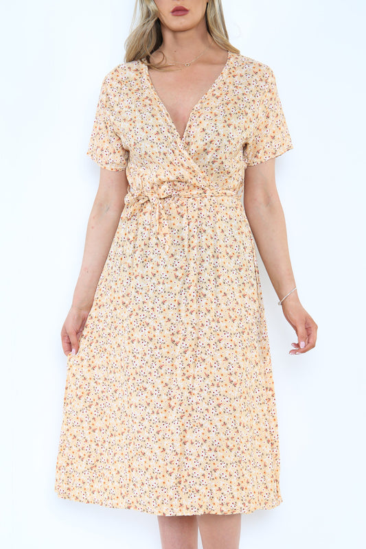 Dames jurk met elastische taille, overslag en bloemetjesprint (citroen)
