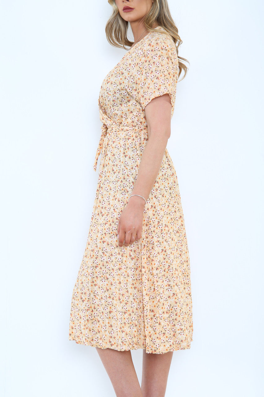 Ladies Elasticated Waist Wrap Style Ditsy Flower Print Dress Lemon