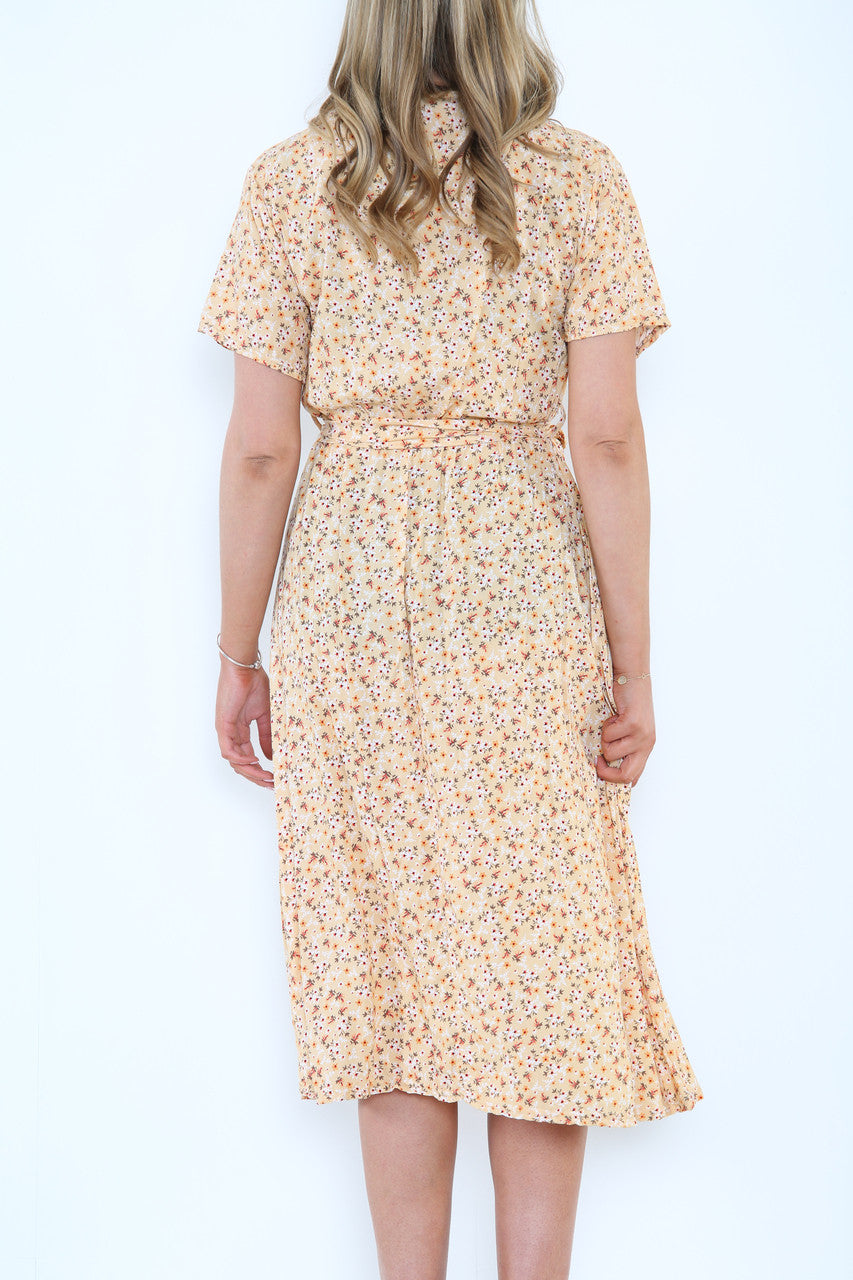 Ladies Elasticated Waist Wrap Style Ditsy Flower Print Dress Lemon