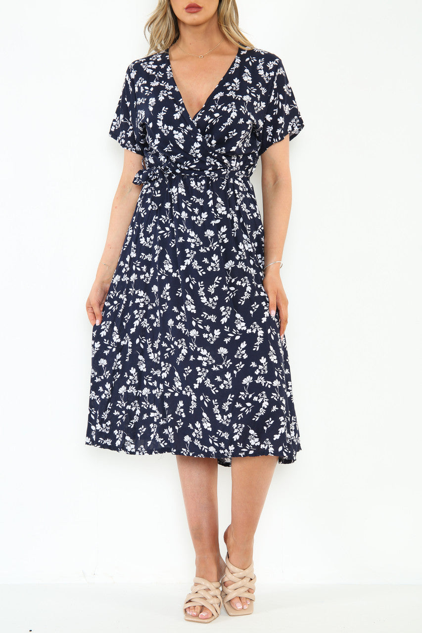 Ladies Elasticated Waist Wrap Style Floral Silhouette Print Dress Navy