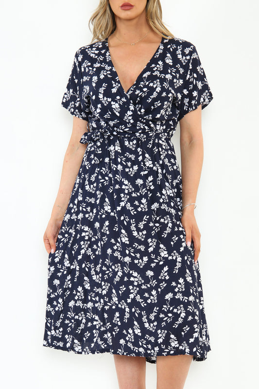 Dames elastische taille wikkelstijl jurk met bloemen silhouetprint marineblauw
