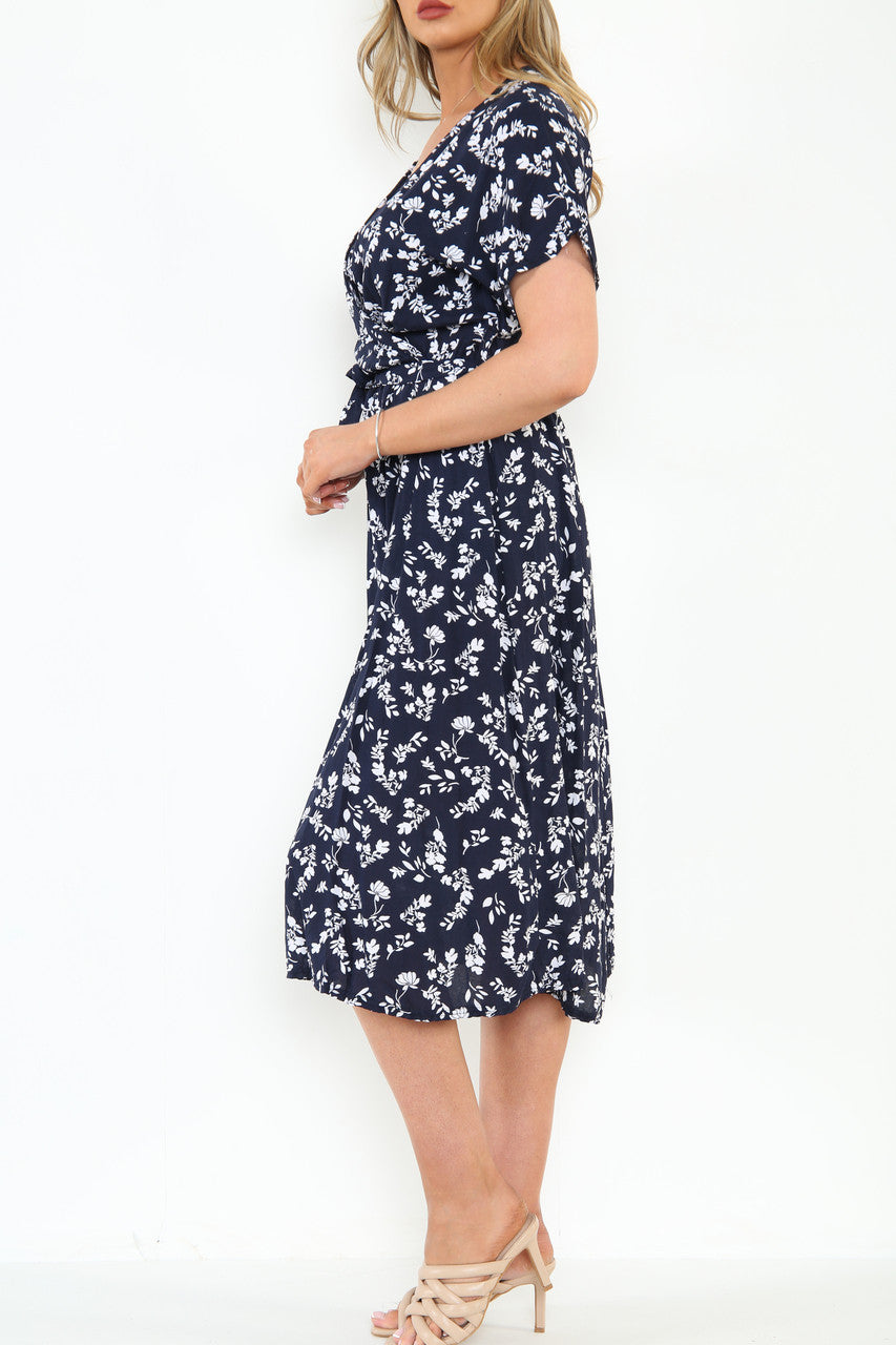 Ladies Elasticated Waist Wrap Style Floral Silhouette Print Dress Navy