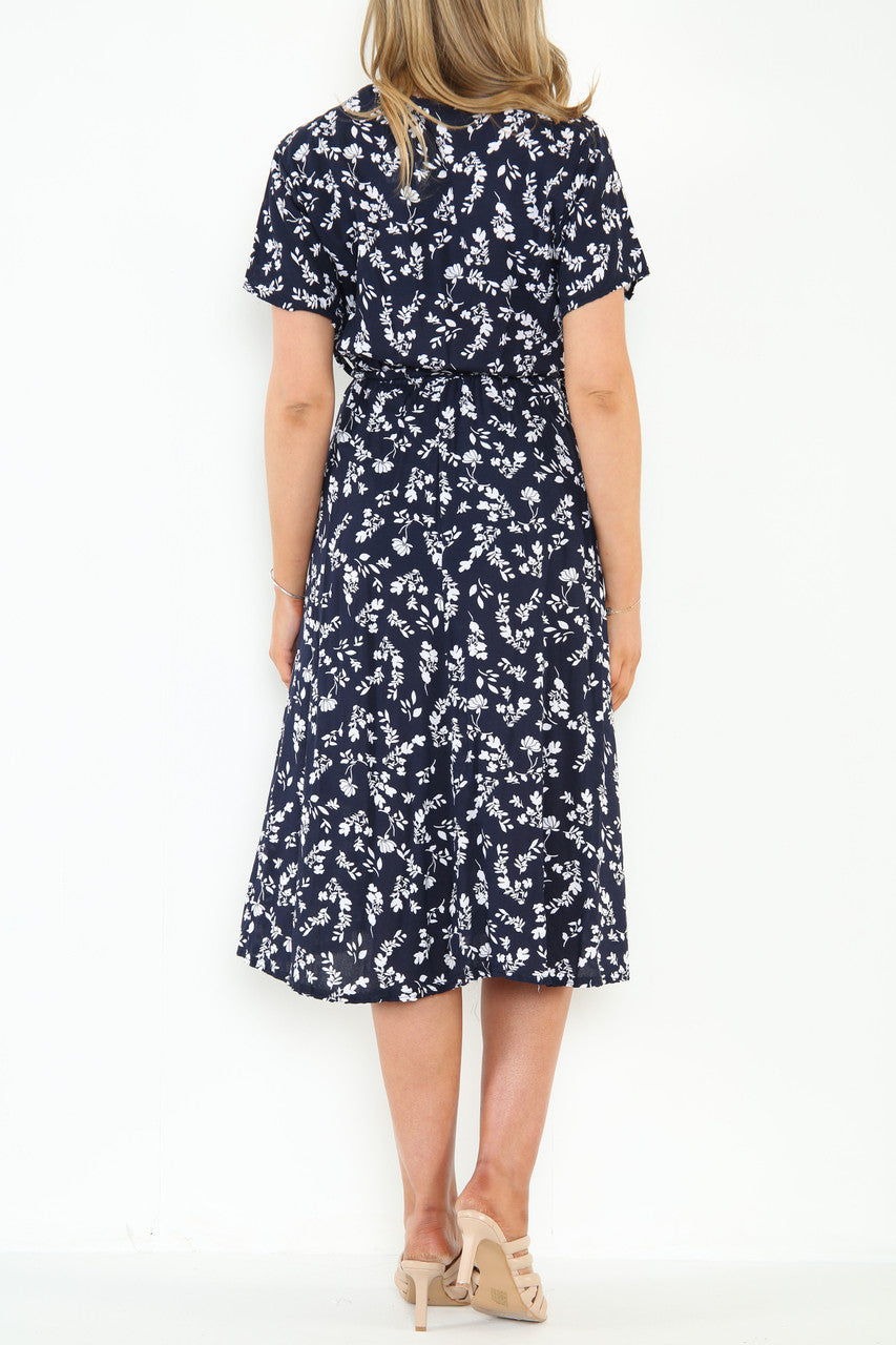 Ladies Elasticated Waist Wrap Style Floral Silhouette Print Dress Navy