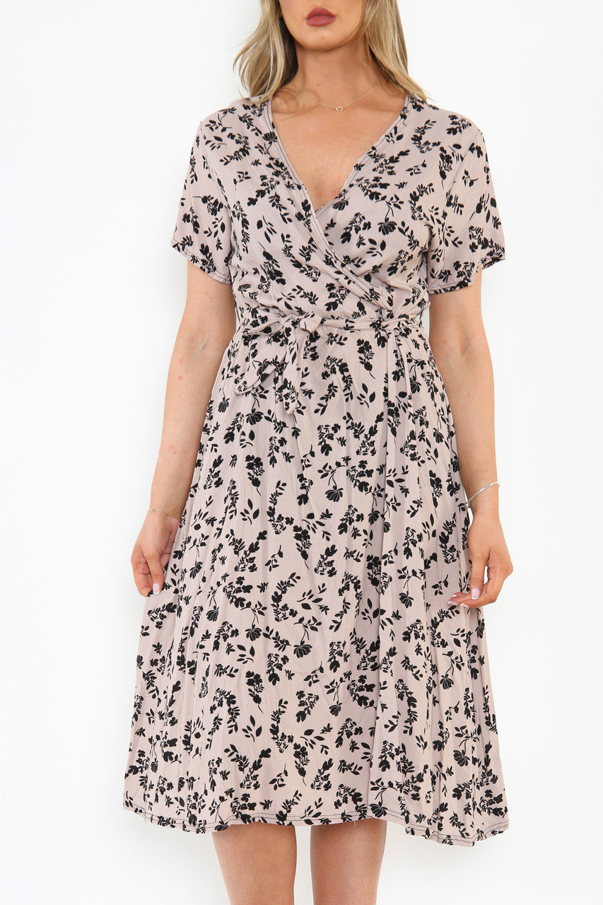 Ladies Elasticated Waist Wrap Style Floral Silhouette Print Dress Stone