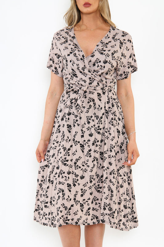 Dames Elastische Taille Wikkelstijl Jurk met Bloemmotief Silhouet Steen