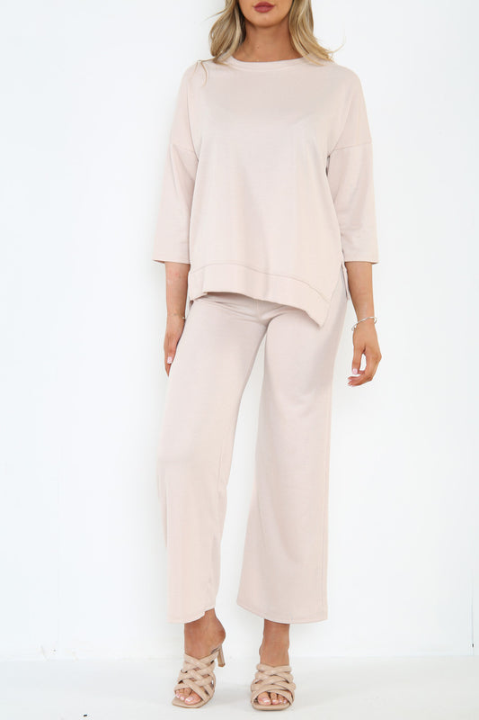 Dames sweatshirt top en broek met wijde pijpen co-ord set - stone