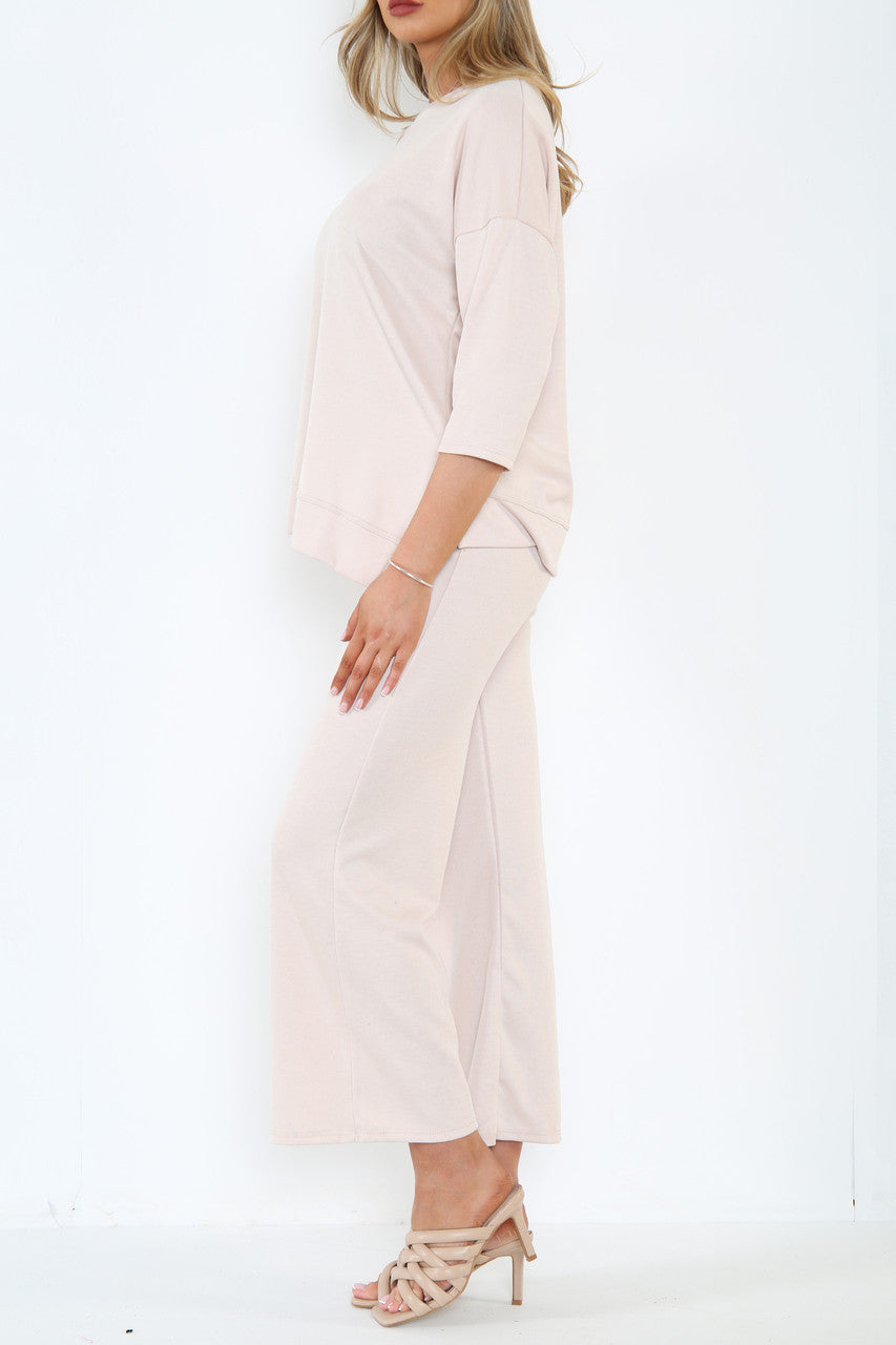 Ladies Sweatshirt Top & Wide Leg Trouser Co-Ord Set Stone