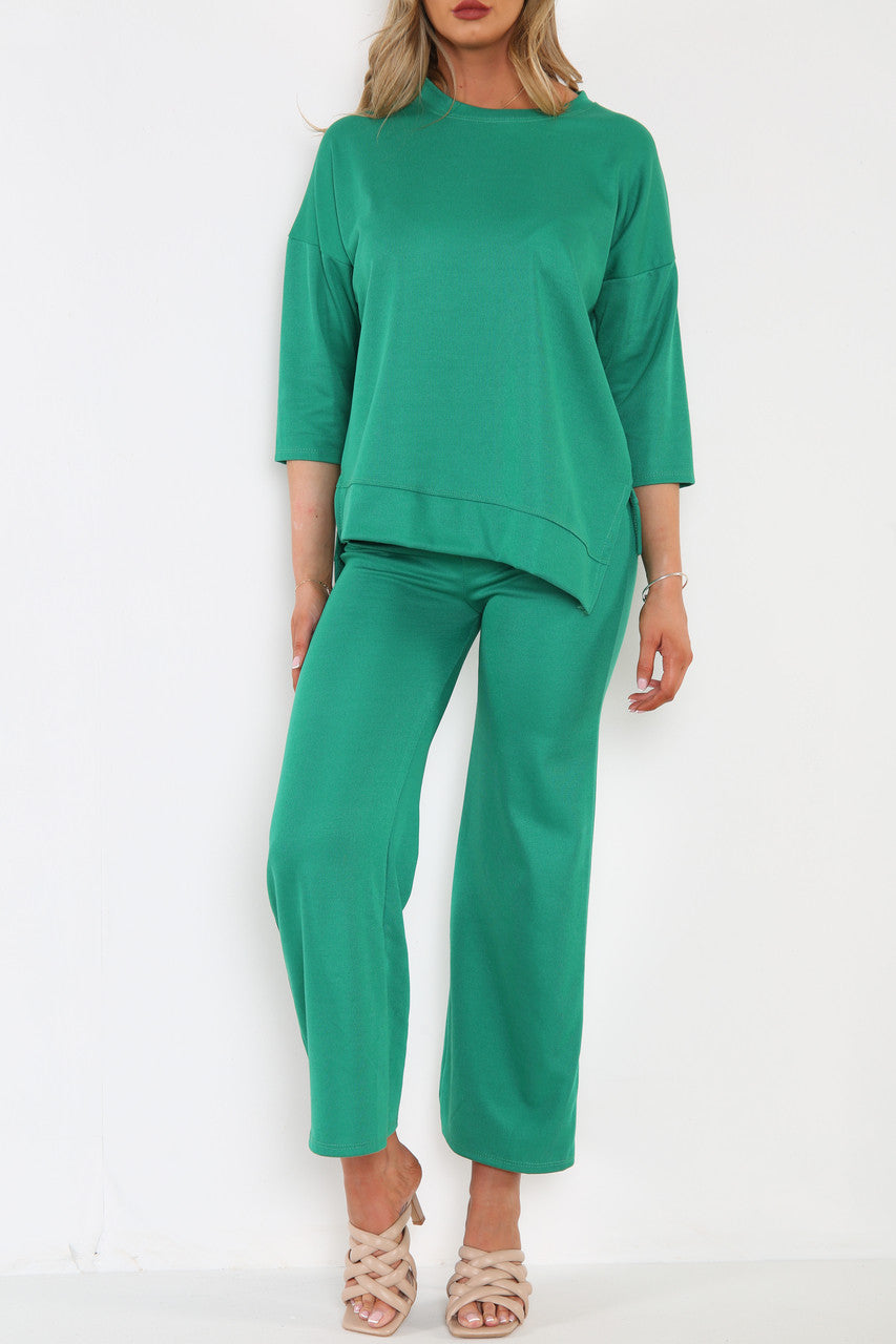 Ladies Sweatshirt Top & Wide Leg Trouser Co-Ord Set Green