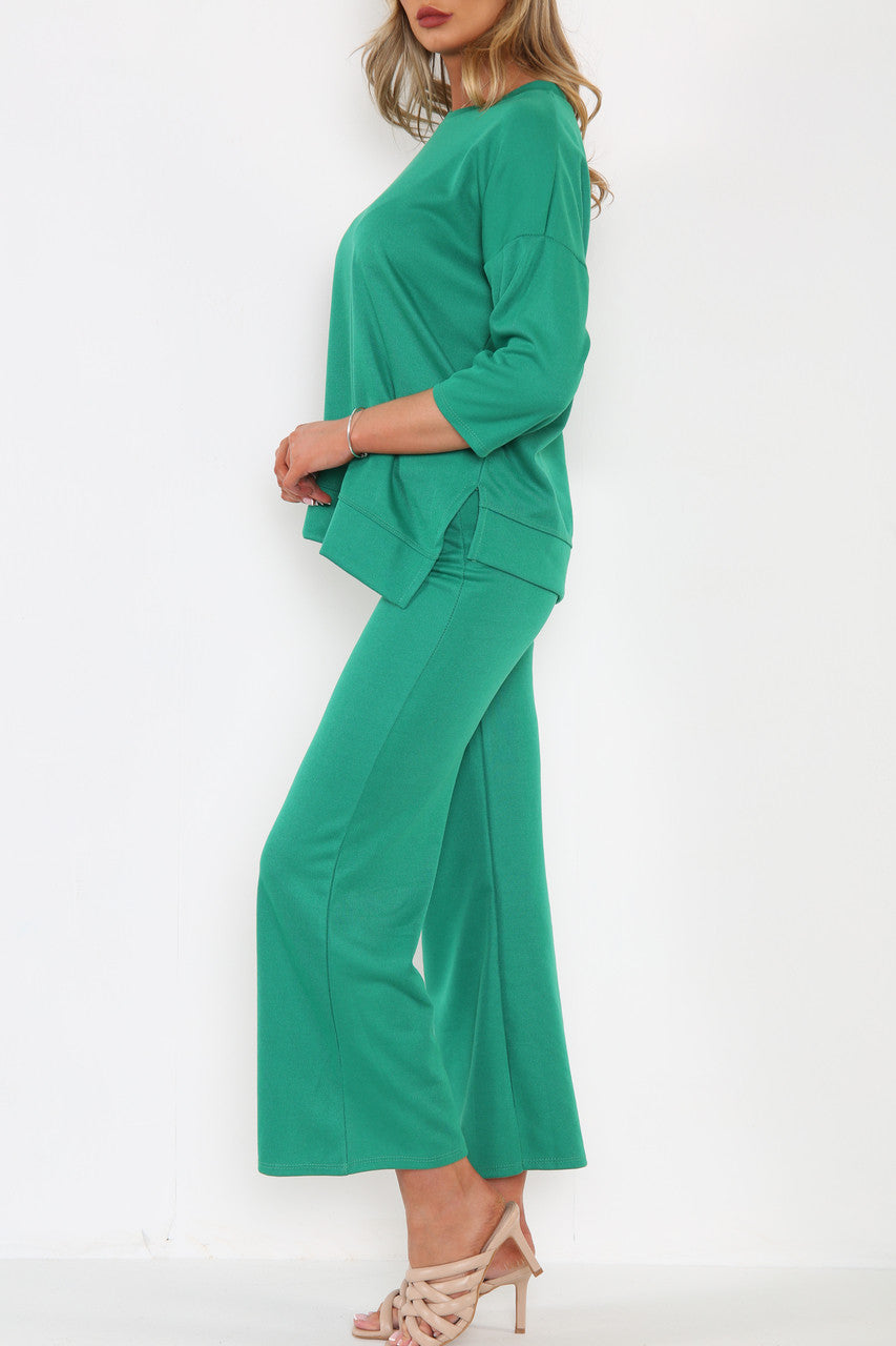Ladies Sweatshirt Top & Wide Leg Trouser Co-Ord Set Green