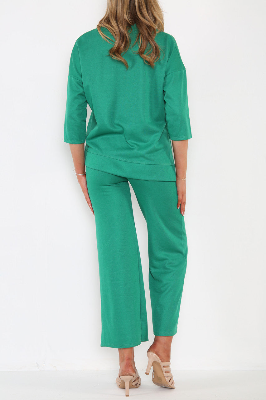 Ladies Sweatshirt Top & Wide Leg Trouser Co-Ord Set Green