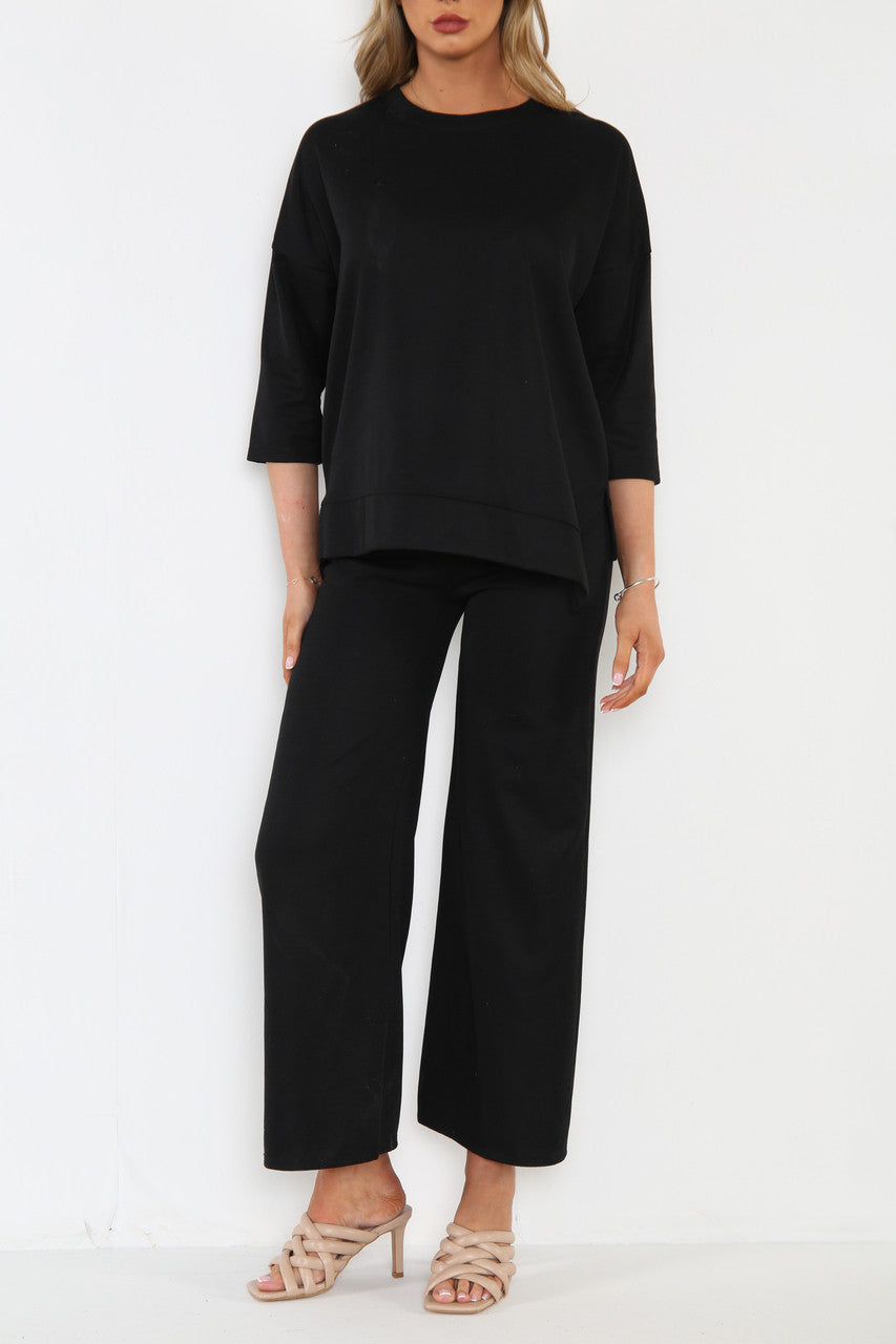 Dames Sweatshirt Top & Broek met wijde pijpen Co-Ord Set Zwart