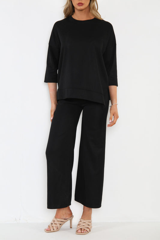 Dames Sweatshirt Top & Broek met wijde pijpen Co-Ord Set Zwart