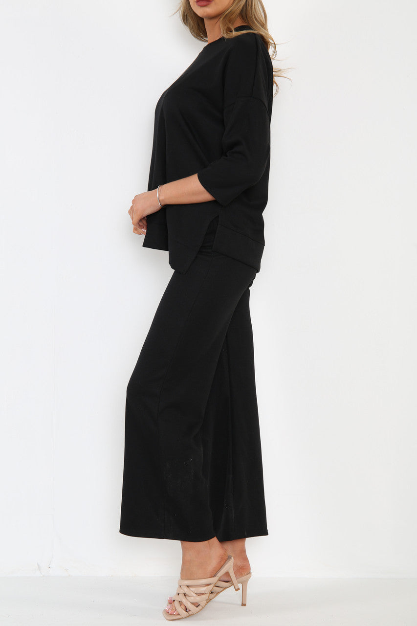 Dames Sweatshirt Top & Broek met wijde pijpen Co-Ord Set Zwart
