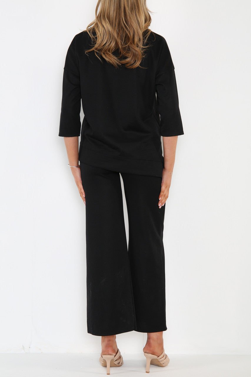 Dames Sweatshirt Top & Broek met wijde pijpen Co-Ord Set Zwart