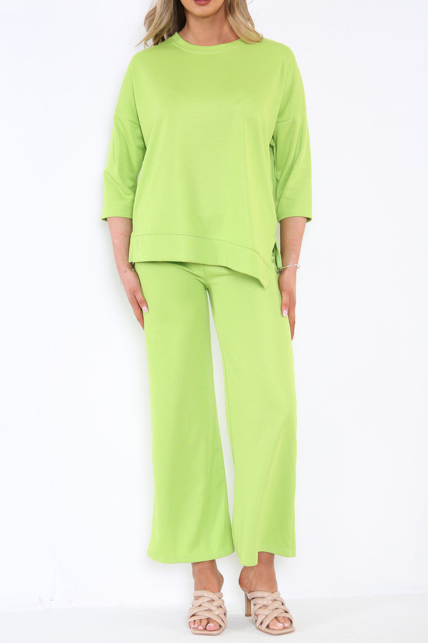Ladies Sweatshirt Top & Wide Leg Trouser Co-Ord Set Lime