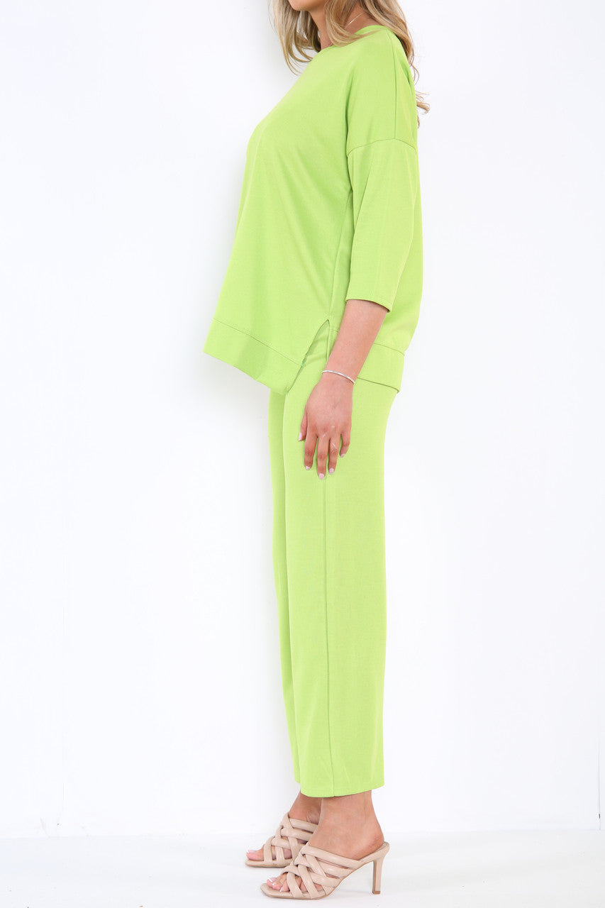 Ladies Sweatshirt Top & Wide Leg Trouser Co-Ord Set Lime