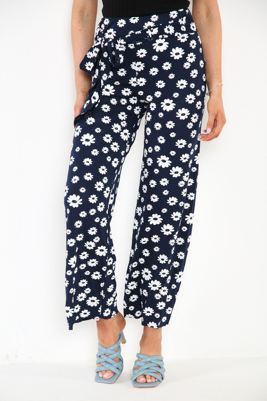 Ladies Daisy Print Wide Leg Trousers With Belt