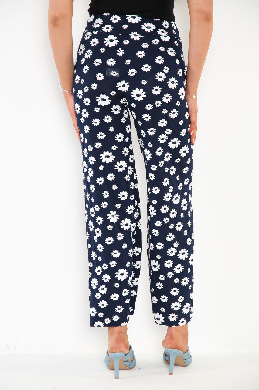 Ladies Daisy Print Wide Leg Trousers With Belt