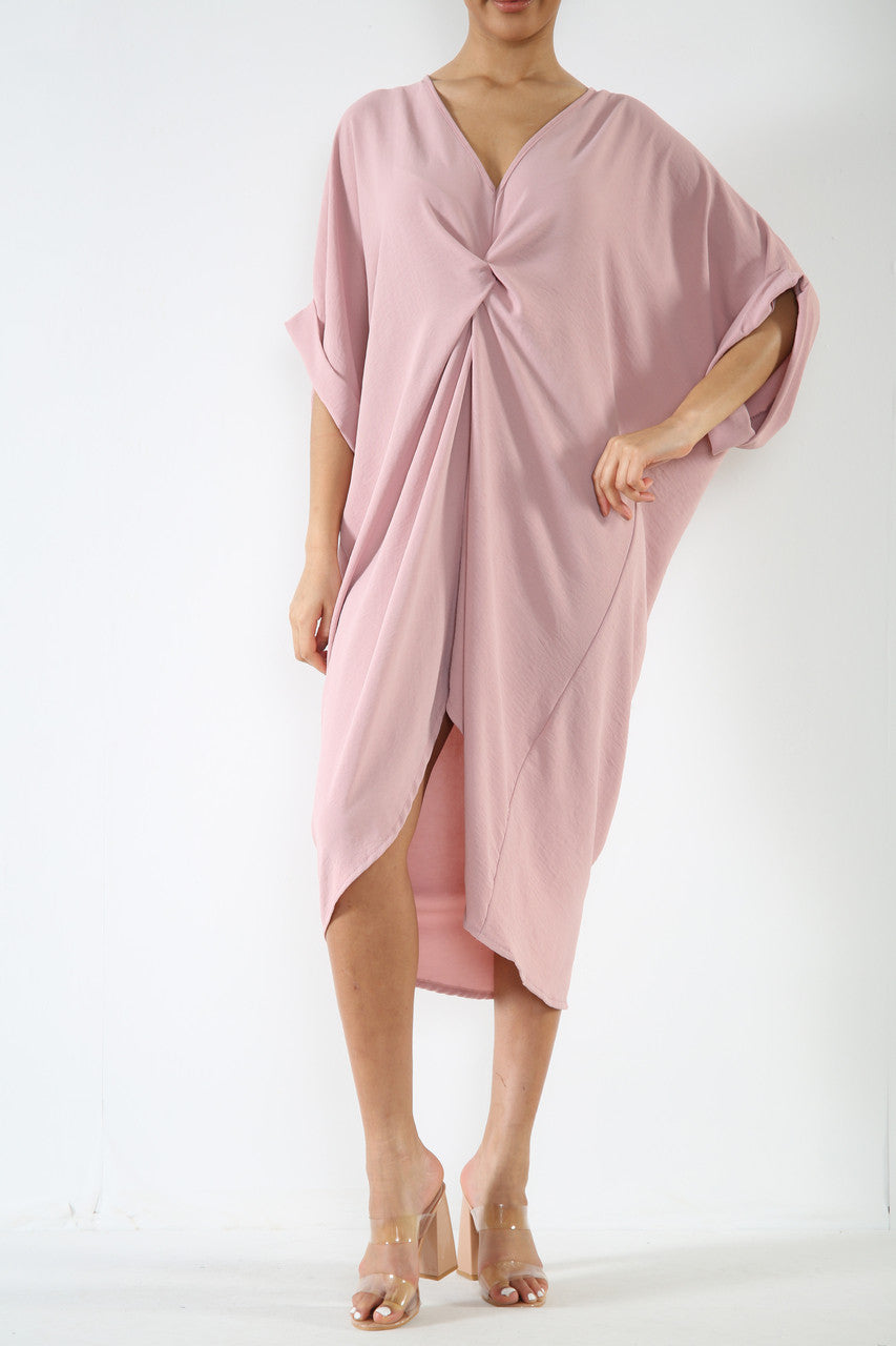 Ladies Twist Front Dress Dusty Pink
