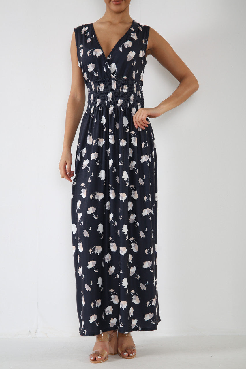 Ladies Floral Print Elasticated Waist Maxi Dress Black