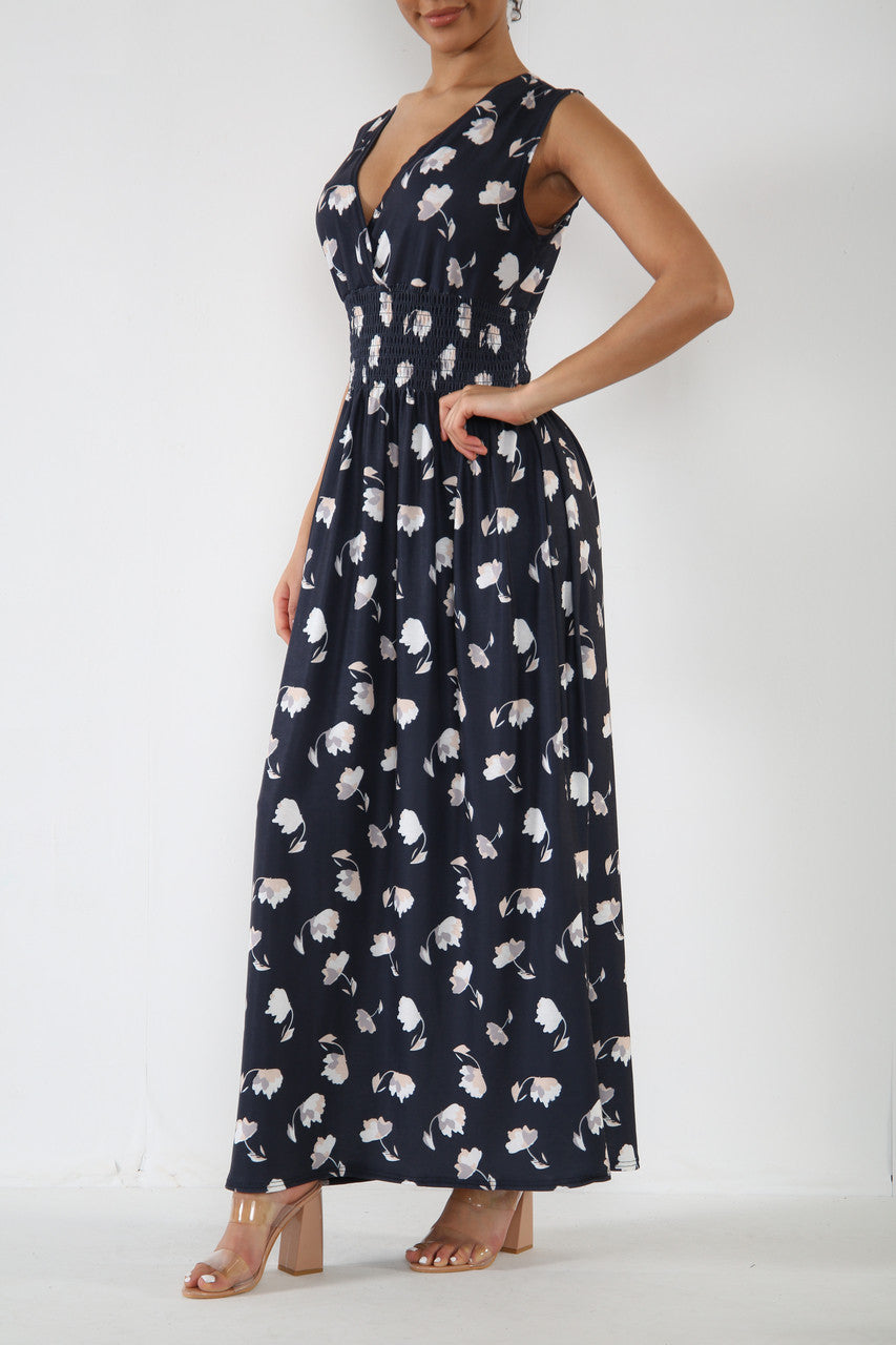 Ladies Floral Print Elasticated Waist Maxi Dress Black