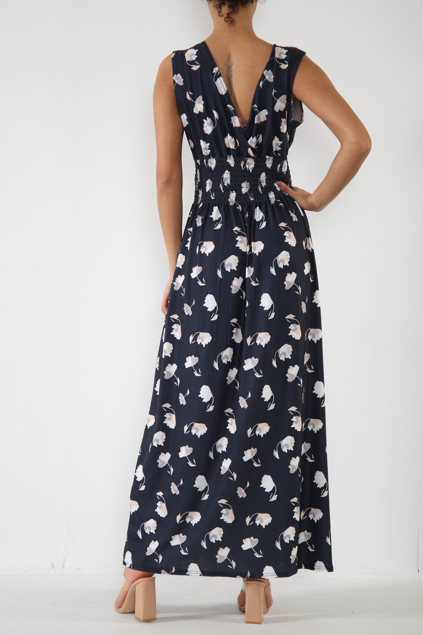 Ladies Floral Print Elasticated Waist Maxi Dress Black