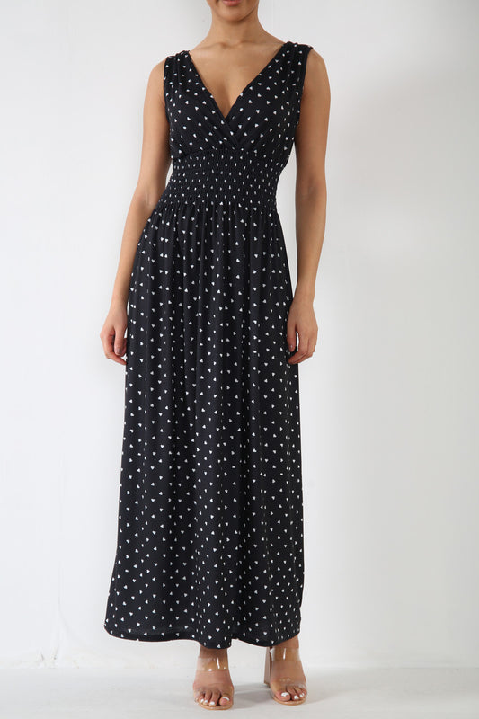 Dames Maxi Jurk Zwart met Hartjesprint en Elastische Taille